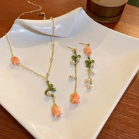 Thumbnail for Dainty 24K Gold Filled Pink Tulip Crystal Pearl Chain Necklace Earrings Set - ArtGalleryZen