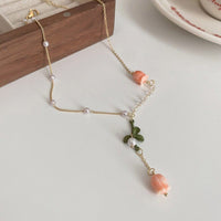 Thumbnail for Dainty 24K Gold Filled Pink Tulip Crystal Pearl Chain Necklace Earrings Set - ArtGalleryZen