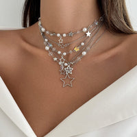 Thumbnail for Dainty 6pcs Hollow Star Pendant Pearl Crystal Chain Necklace Set - ArtGalleryZen