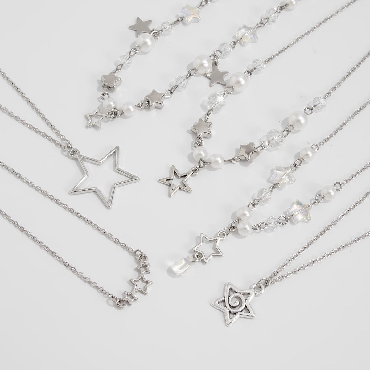Dainty 6pcs Hollow Star Pendant Pearl Crystal Chain Necklace Set - ArtGalleryZen