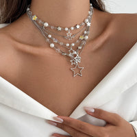 Thumbnail for Dainty 6pcs Hollow Star Pendant Pearl Crystal Chain Necklace Set - ArtGalleryZen