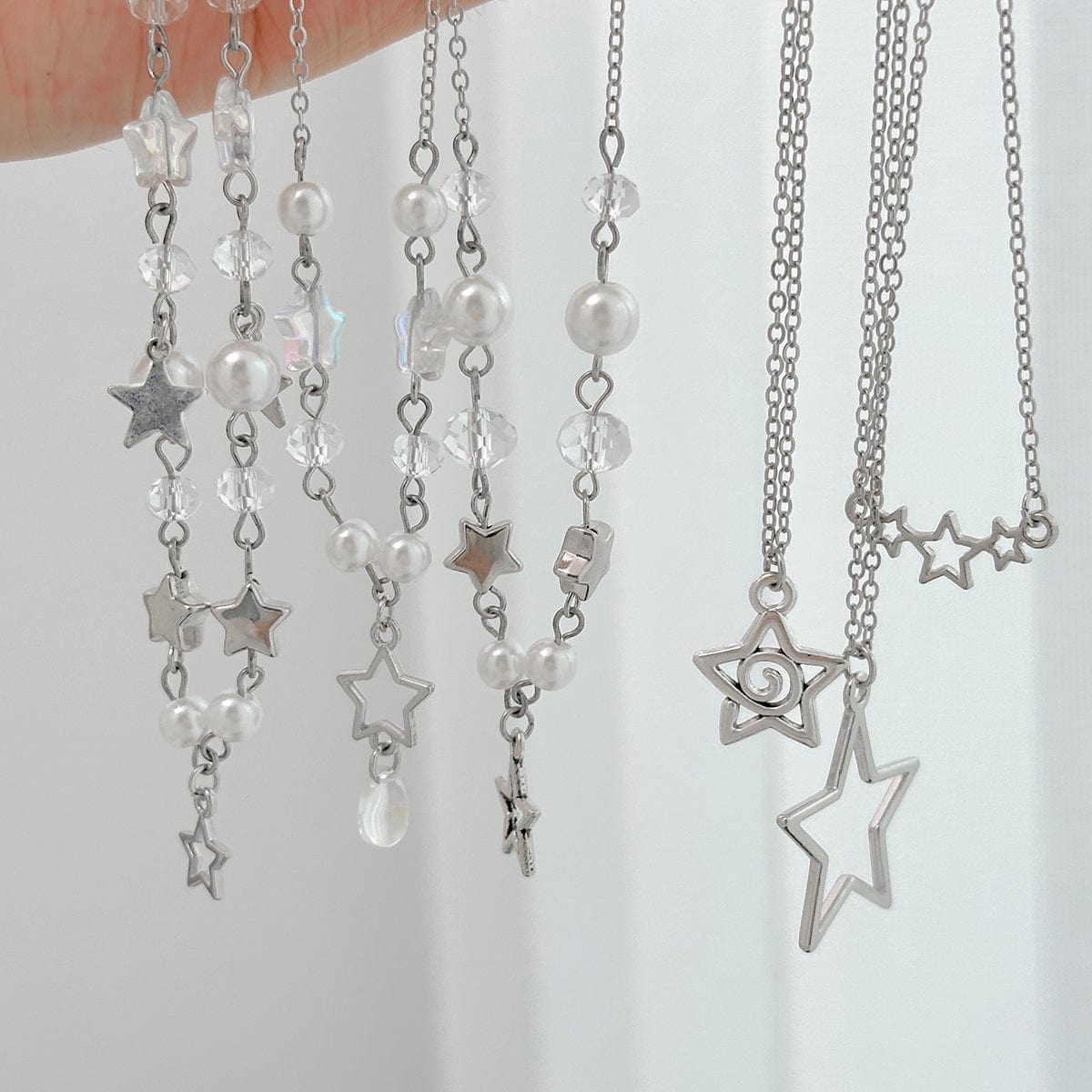 Dainty 6pcs Hollow Star Pendant Pearl Crystal Chain Necklace Set - ArtGalleryZen