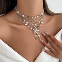Thumbnail for Dainty 6pcs Hollow Star Pendant Pearl Crystal Chain Necklace Set - ArtGalleryZen