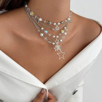 Thumbnail for Dainty 6pcs Hollow Star Pendant Pearl Crystal Chain Necklace Set - ArtGalleryZen