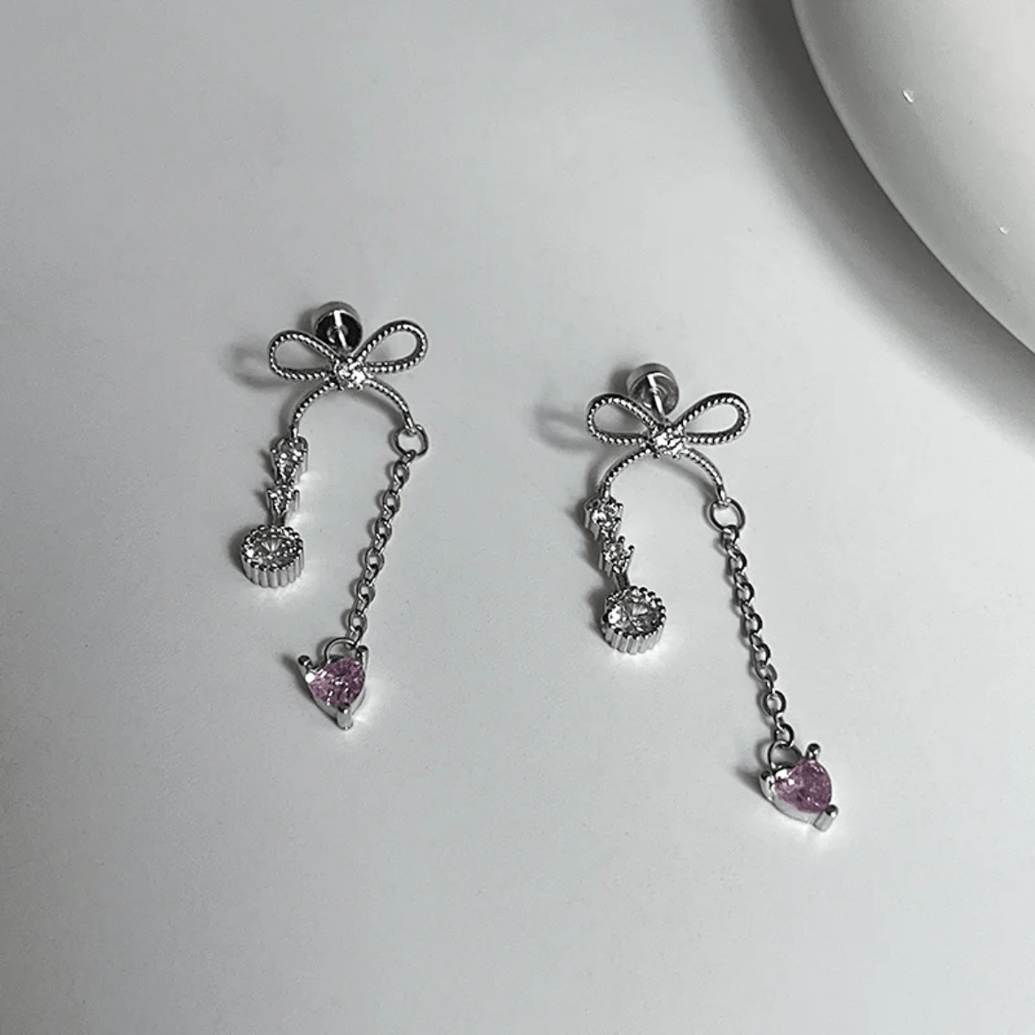 Dainty Bowknot Crystal Inlaid Heart Tassel Chain Earring - ArtGalleryZen