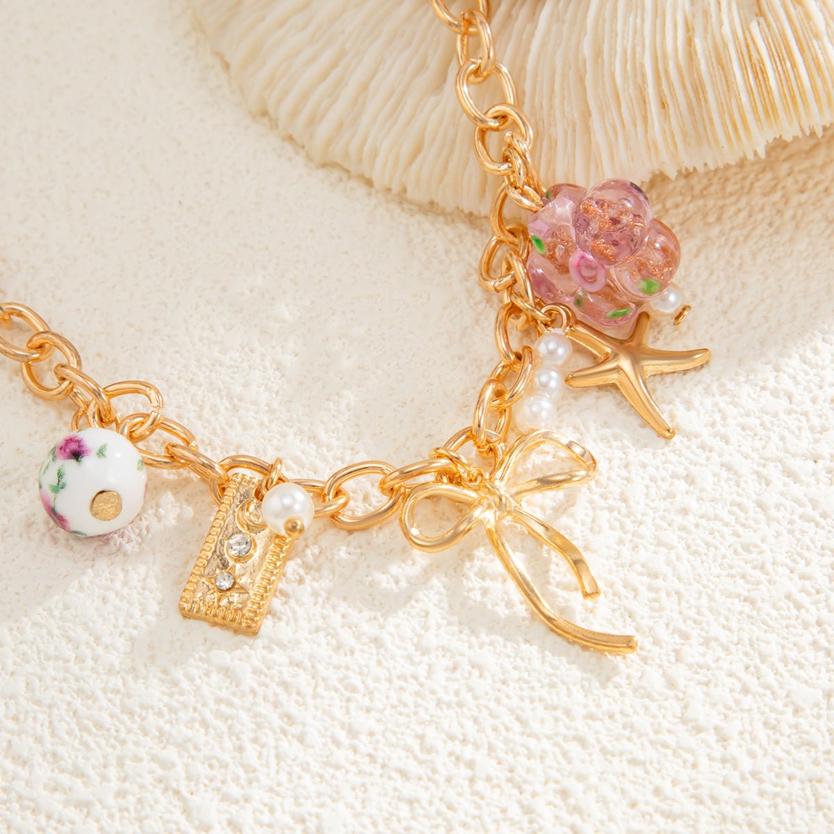 Dainty Bowknot Flower Ceramic Beads Heart Pendant Bracelet - ArtGalleryZen