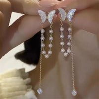 Thumbnail for Dainty Butterfly Pearl Chain Rhinestone Tassel Ear Cuff Earrings - ArtGalleryZen