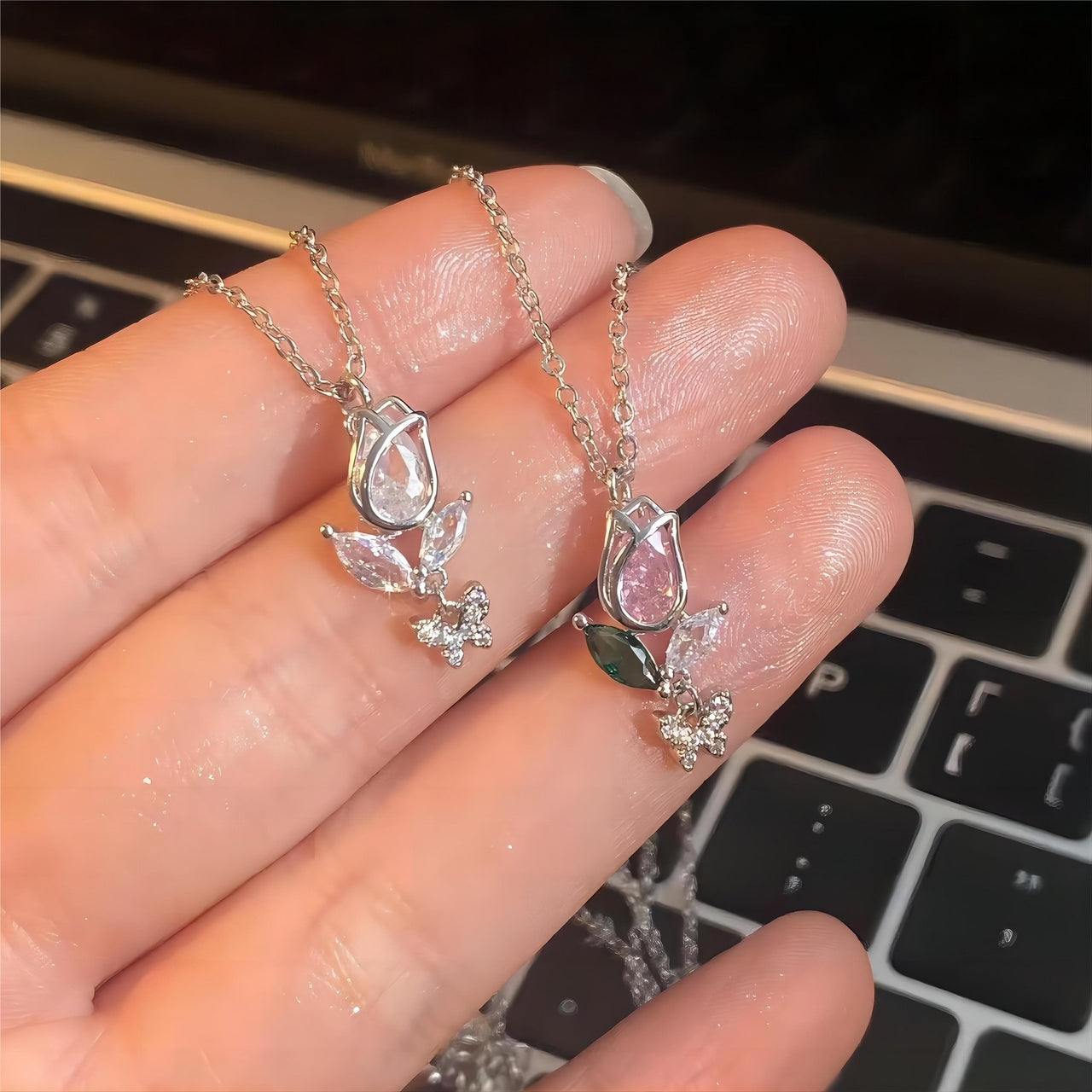 Dainty Crystal Butterfly Tulip Necklace - ArtGalleryZen