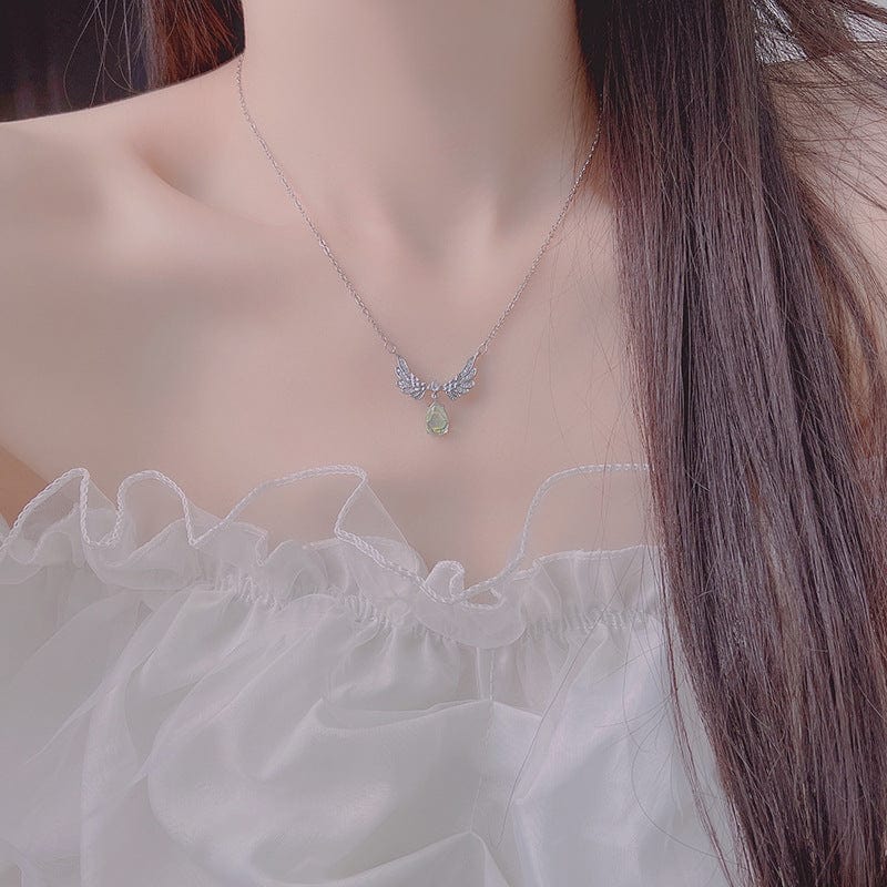 Dainty CZ Inalid Crystal Waterdrop Angel Wings Necklace - ArtGalleryZen