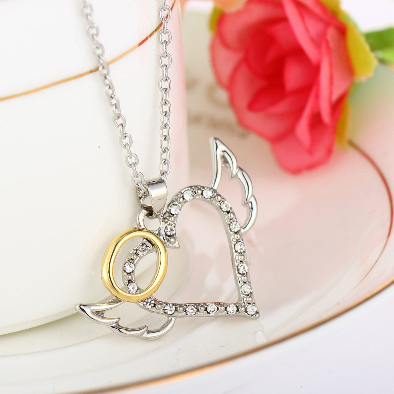 Dainty CZ Inlaid Angel Wing Heart Pendant Necklace - ArtGalleryZen