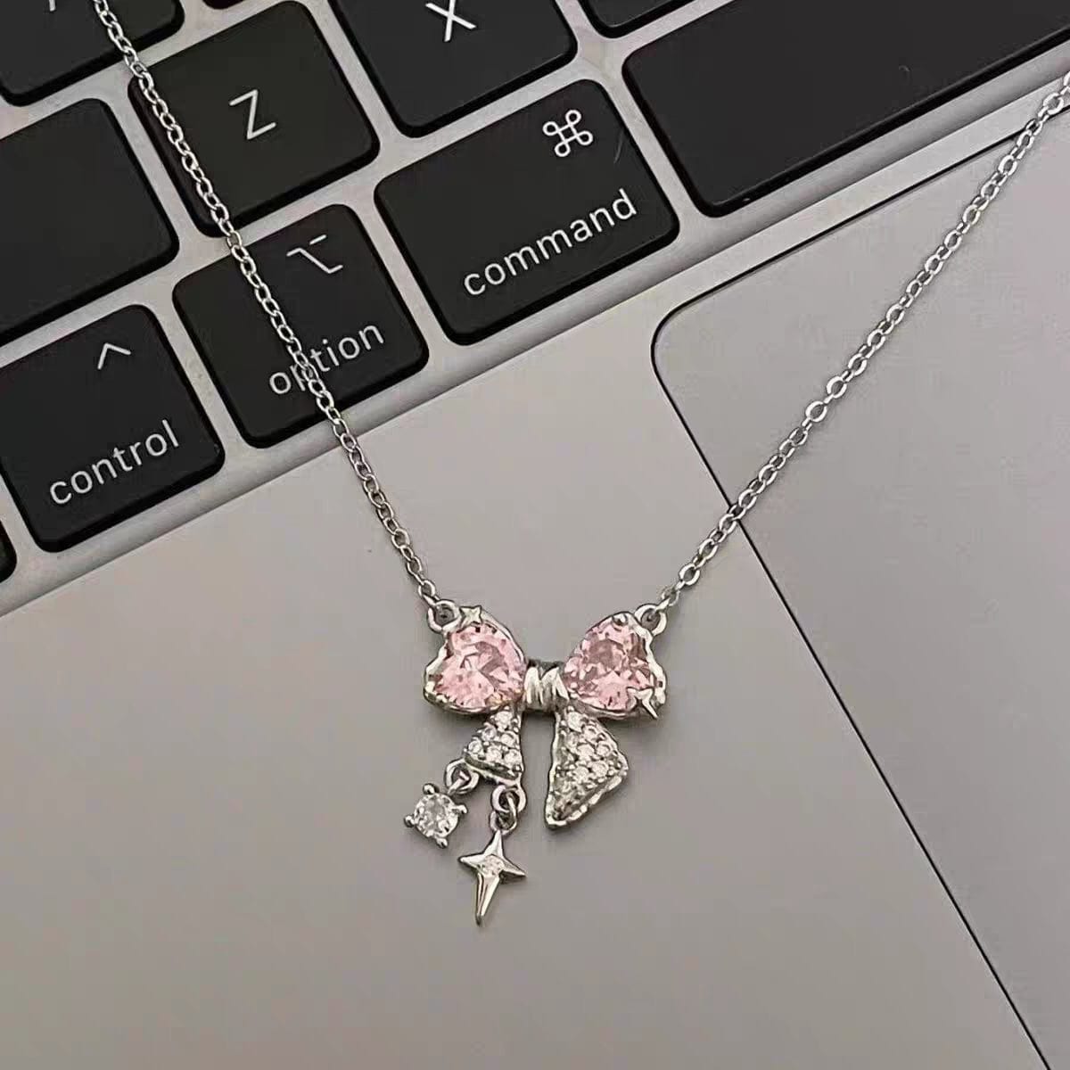 Dainty CZ Inlaid Crystal Bowknot Star Necklace - ArtGalleryZen