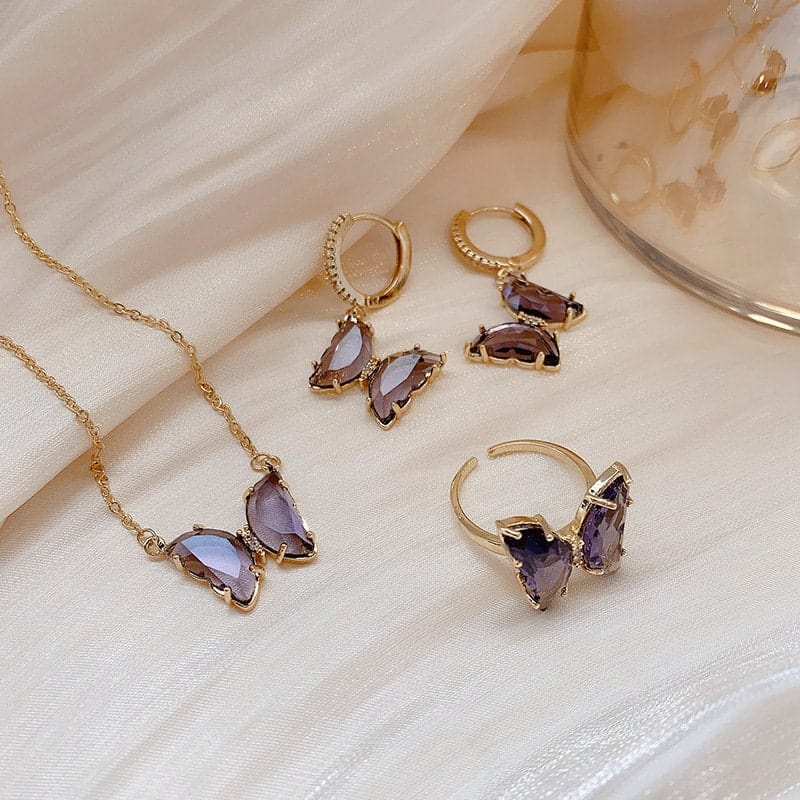 Dainty CZ Inlaid Crystal Butterfly Necklace Earrings Ring Set - ArtGalleryZen