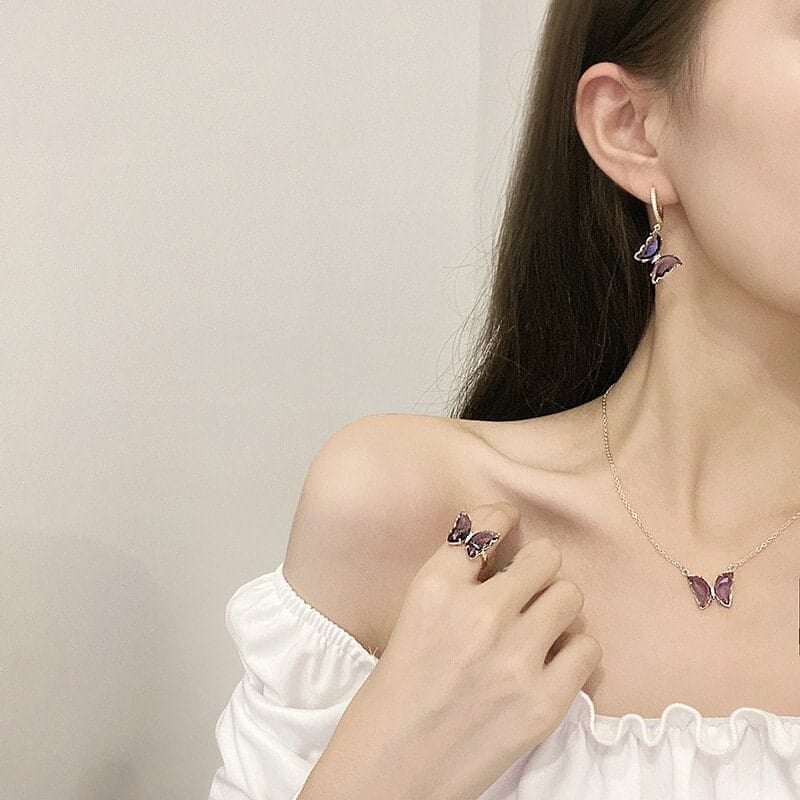 Dainty CZ Inlaid Crystal Butterfly Necklace Earrings Ring Set - ArtGalleryZen