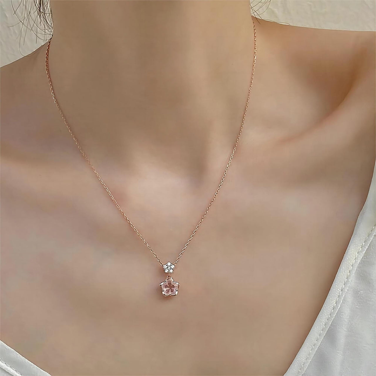 Dainty CZ Inlaid Crystal Cherry Blossom Necklace - ArtGalleryZen