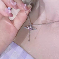 Thumbnail for Dainty CZ Inlaid Pink Crystal Cupid Heart Wings Necklace - ArtGalleryZen