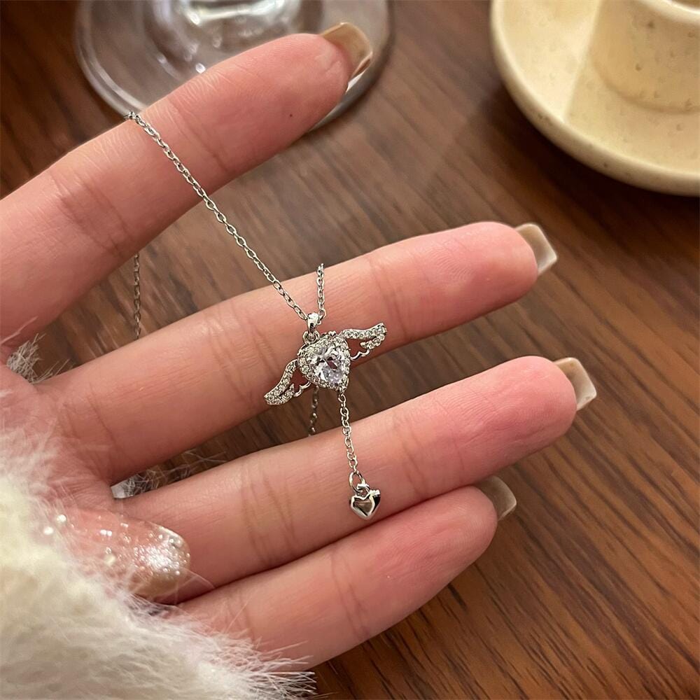 Dainty CZ Inlaid Crystal Cupid Heart Wings Matching Necklace - ArtGalleryZen