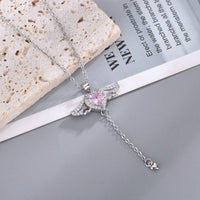 Thumbnail for Dainty CZ Inlaid Pink Crystal Cupid Heart Wings Necklace - ArtGalleryZen