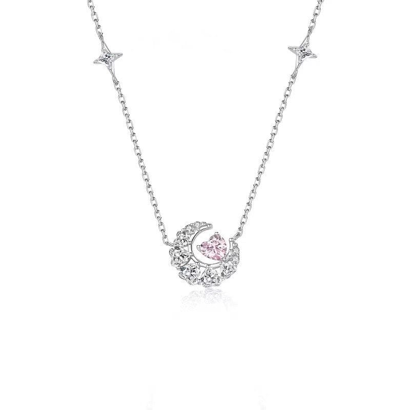 Dainty CZ Inlaid Crystal Heart Moon Phase Necklace - ArtGalleryZen