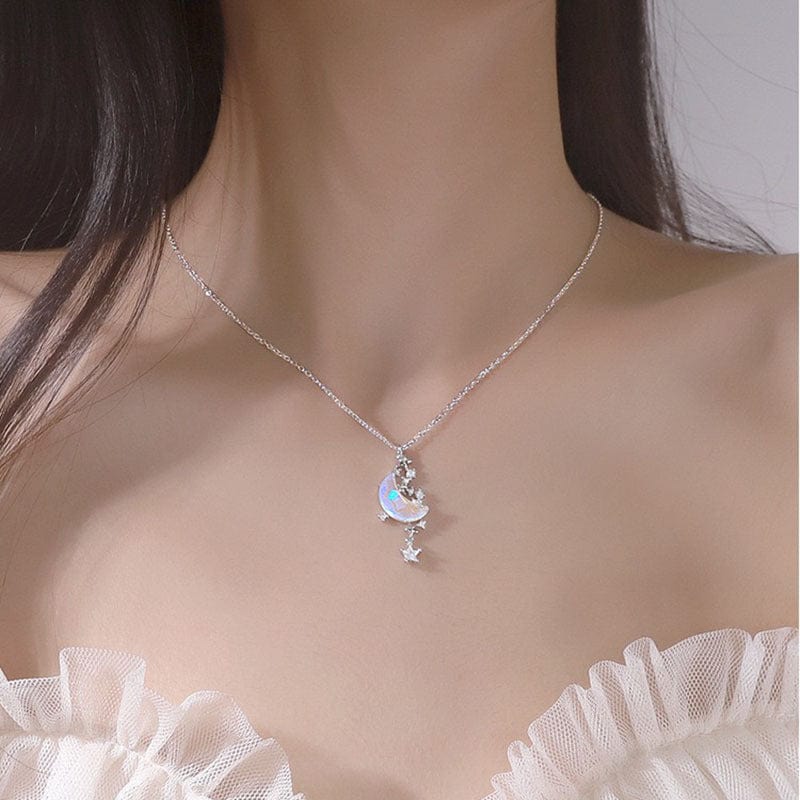 Dainty CZ Inlaid Crystal Star Moon Phase Necklace - ArtGalleryZen