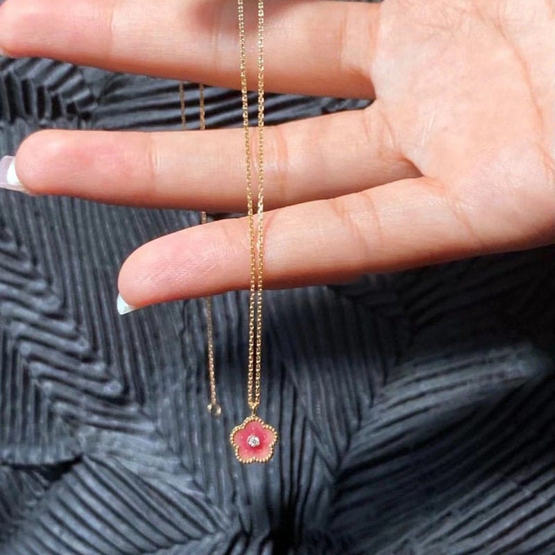 Dainty CZ Inlaid Enamel Pink Cherry Blossom Pendant Necklace - ArtGalleryZen