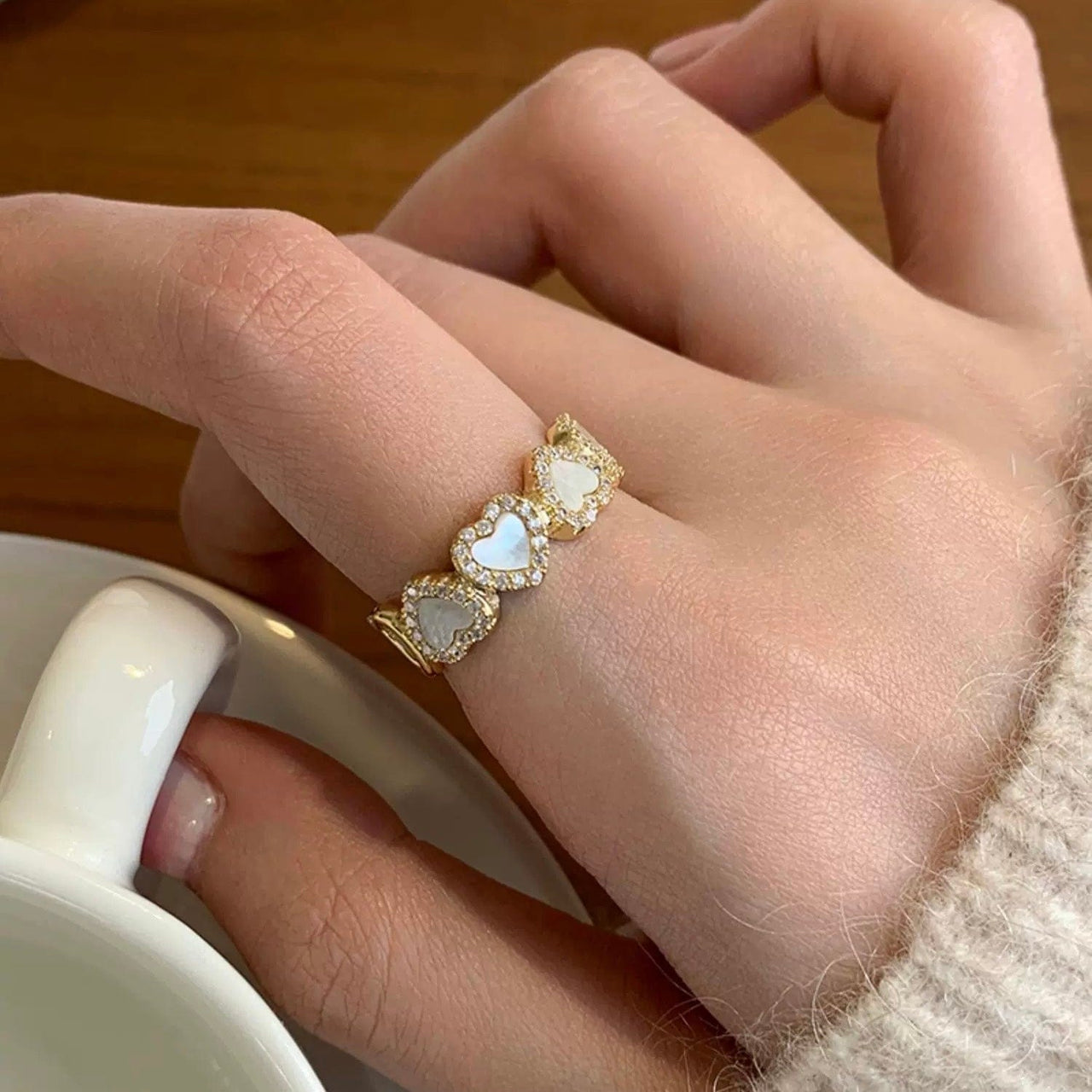 Dainty CZ Inlaid Gold Plated Enamel Heart Open Ring - ArtGalleryZen