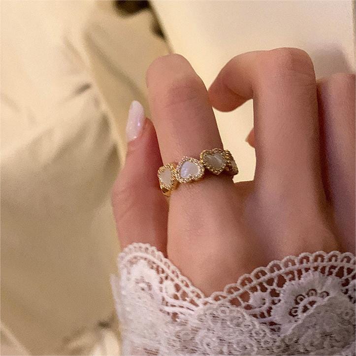 Dainty CZ Inlaid Gold Plated Enamel Heart Open Ring - ArtGalleryZen
