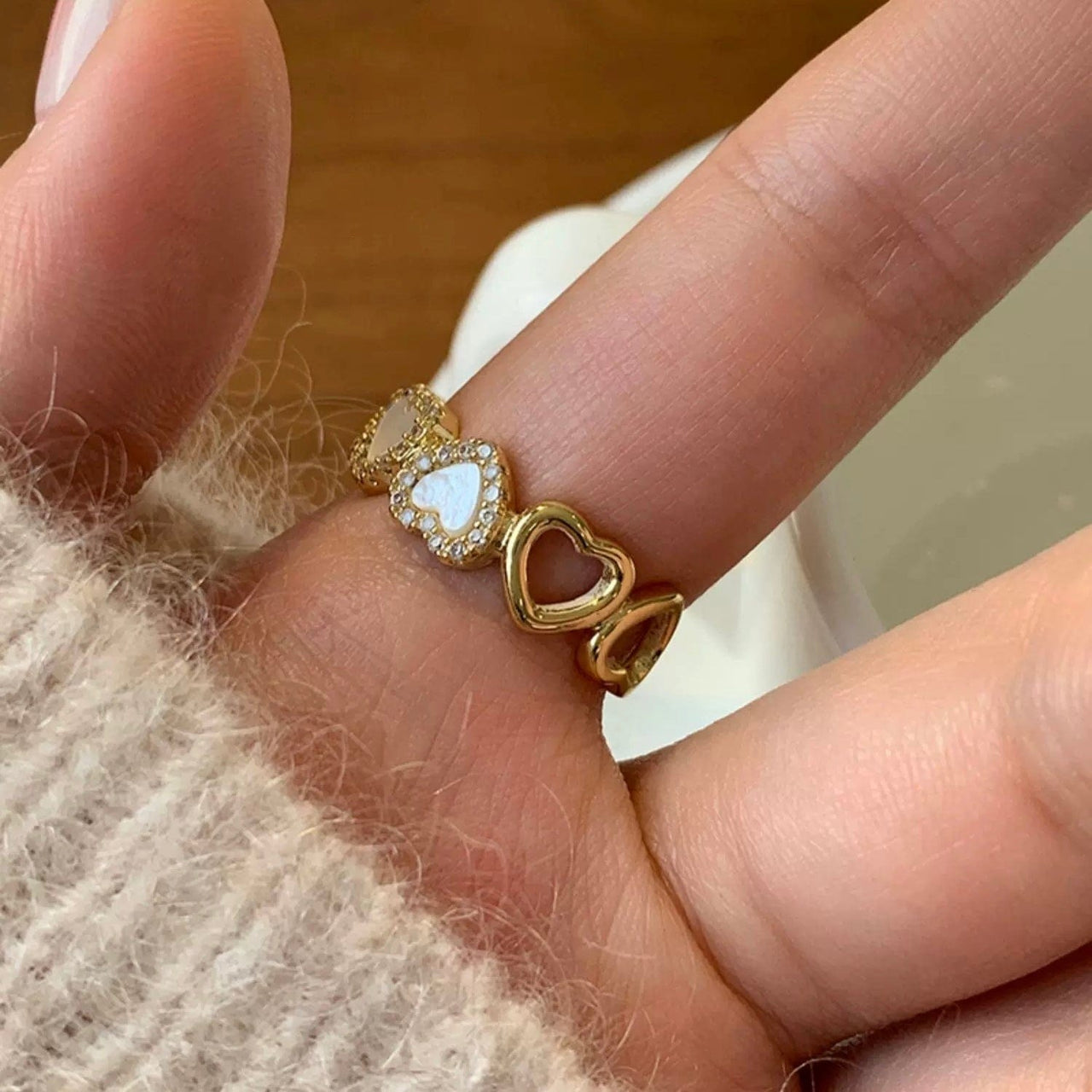 Dainty CZ Inlaid Gold Plated Enamel Heart Open Ring - ArtGalleryZen