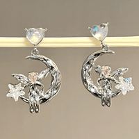 Thumbnail for Dainty CZ Inlaid Heart Dangling Moon Star Elf Earrings - ArtGalleryZen