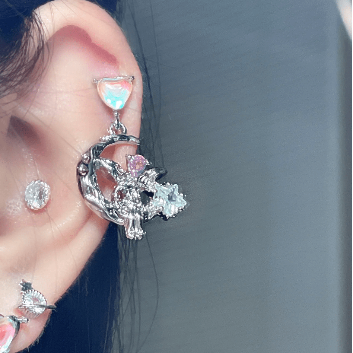 Dainty CZ Inlaid Heart Dangling Moon Star Elf Earrings - ArtGalleryZen