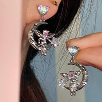 Thumbnail for Dainty CZ Inlaid Heart Dangling Moon Star Elf Earrings - ArtGalleryZen