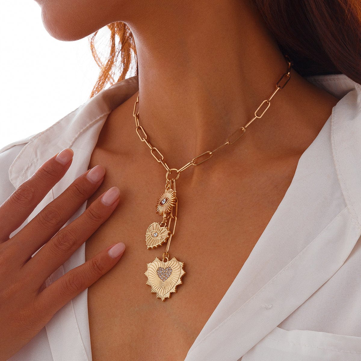 Dainty CZ Inlaid Heart Sun Pendant Paperclip Chain Y Necklace - ArtGalleryZen