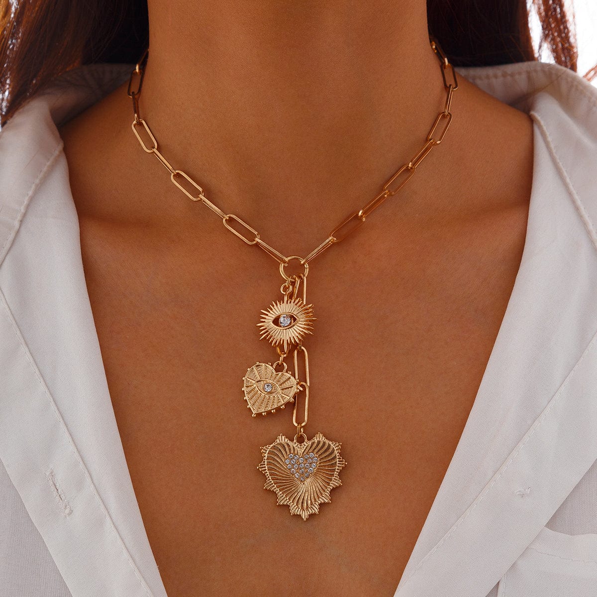 Dainty CZ Inlaid Heart Sun Pendant Paperclip Chain Y Necklace - ArtGalleryZen