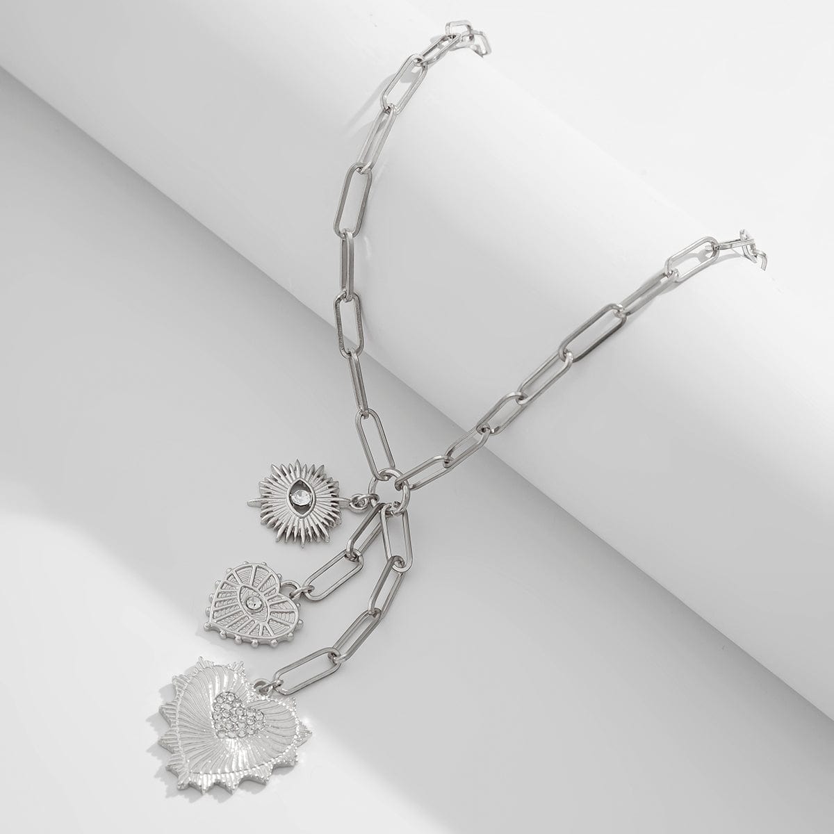 Dainty CZ Inlaid Heart Sun Pendant Paperclip Chain Y Necklace - ArtGalleryZen