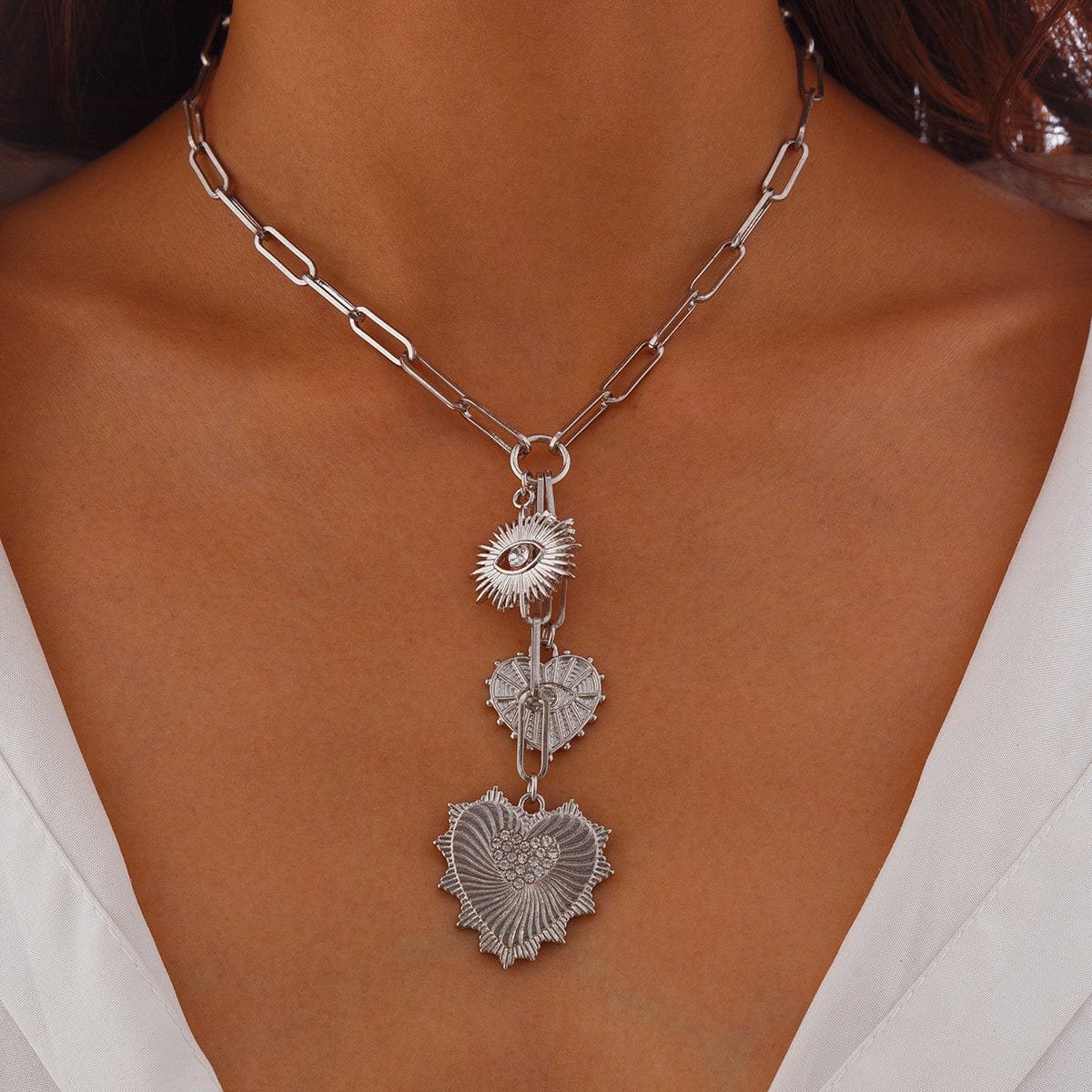 Dainty CZ Inlaid Heart Sun Pendant Paperclip Chain Y Necklace - ArtGalleryZen