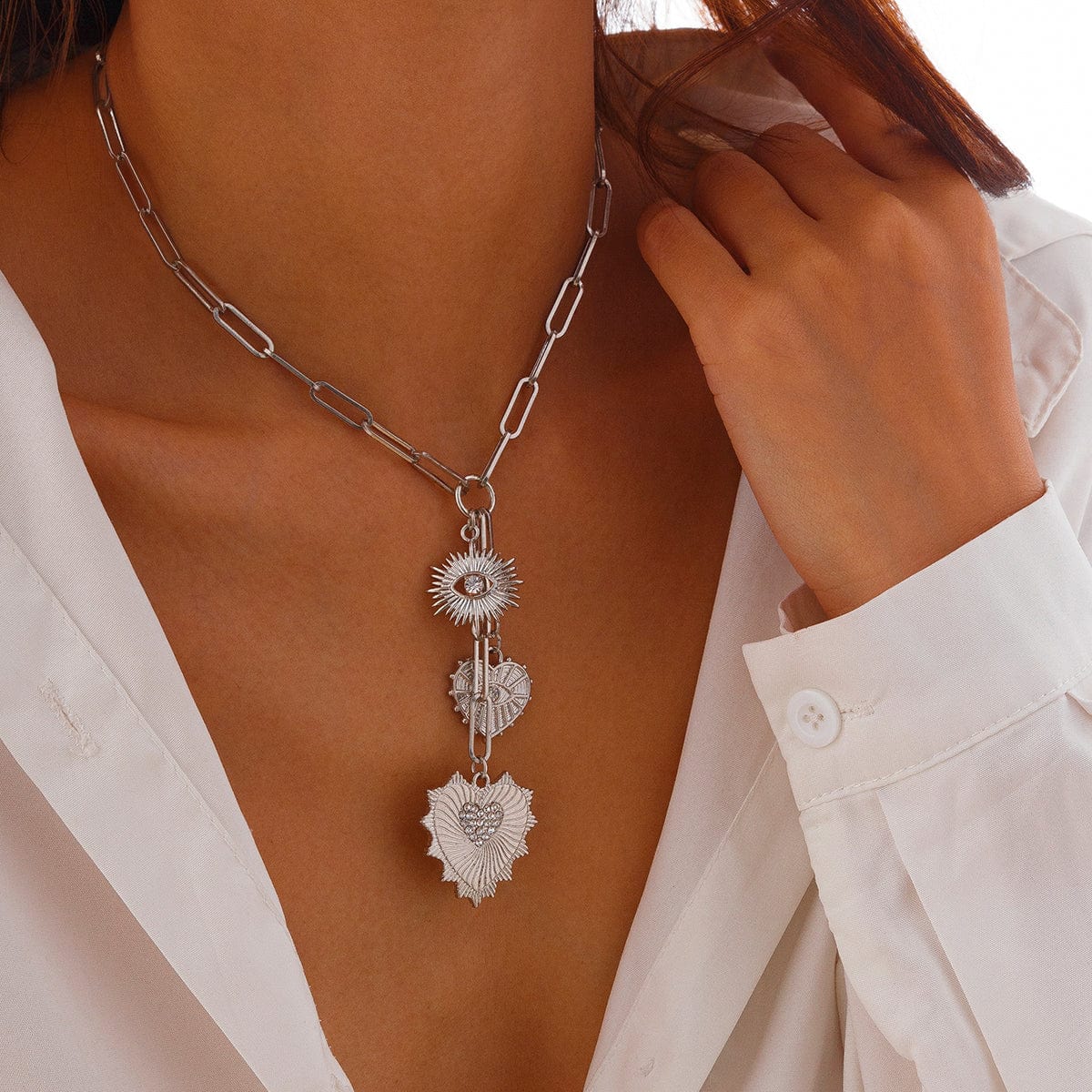 Dainty CZ Inlaid Heart Sun Pendant Paperclip Chain Y Necklace - ArtGalleryZen