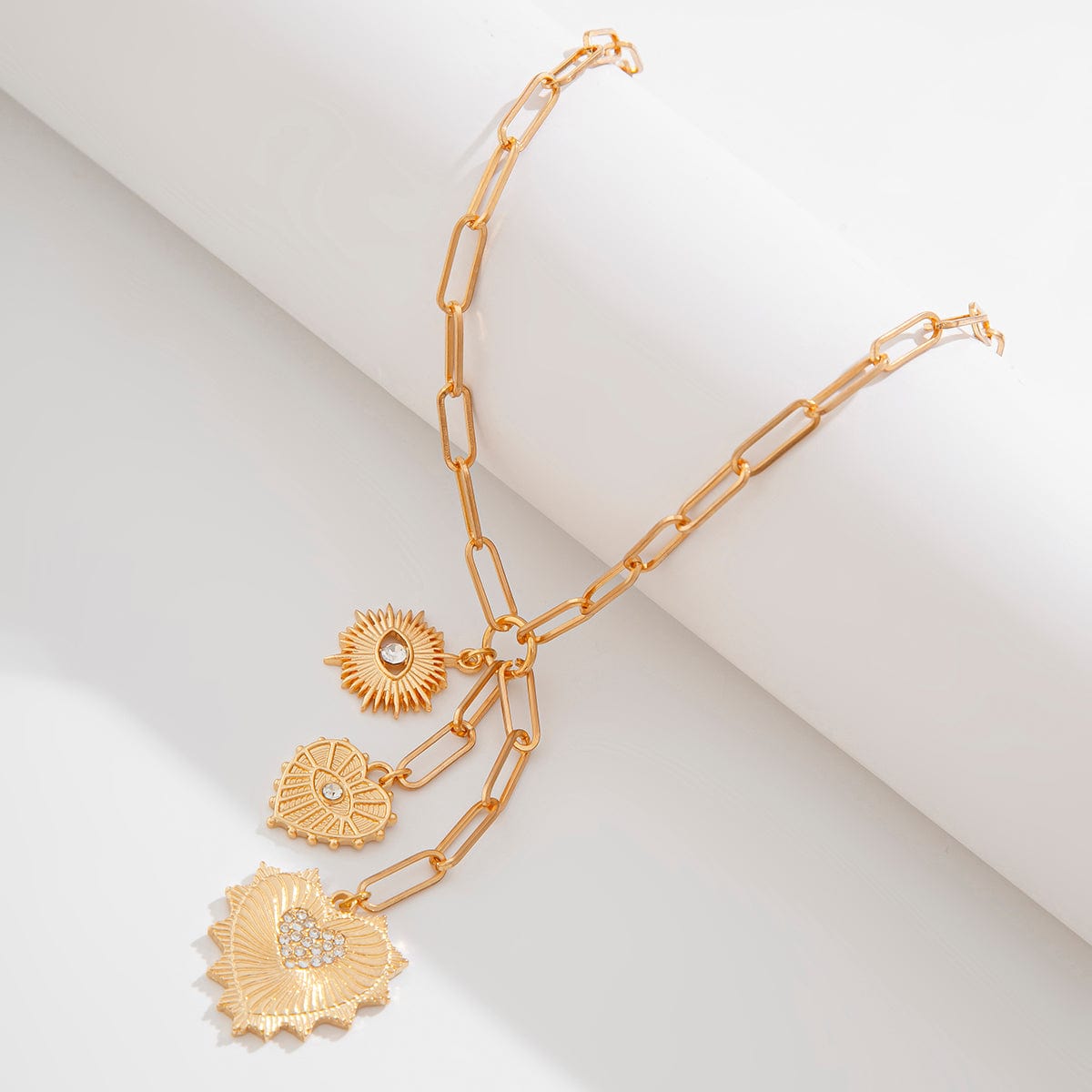 Dainty CZ Inlaid Heart Sun Pendant Paperclip Chain Y Necklace - ArtGalleryZen