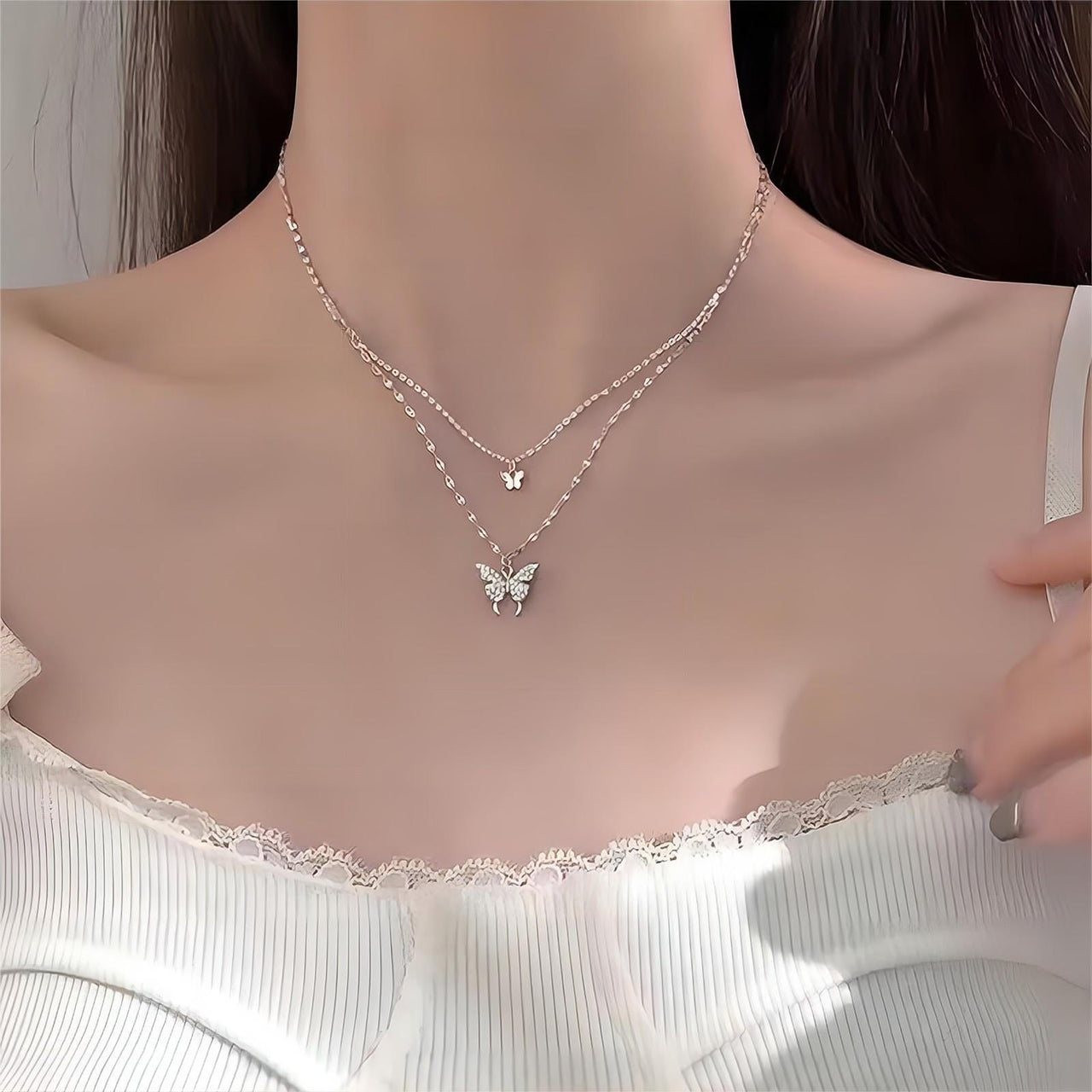 Dainty CZ Inlaid Layering Butterfly Necklace - ArtGalleryZen