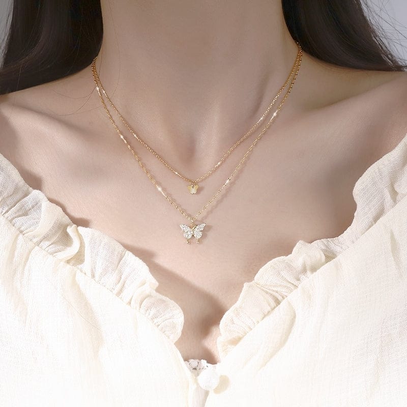 Dainty CZ Inlaid Layering Butterfly Necklace - ArtGalleryZen
