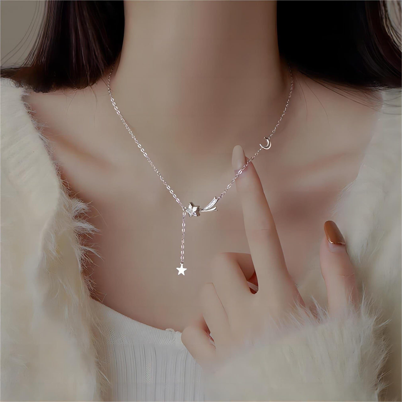 Dainty CZ Inlaid Meteor Star Moon Phase Necklace - ArtGalleryZen