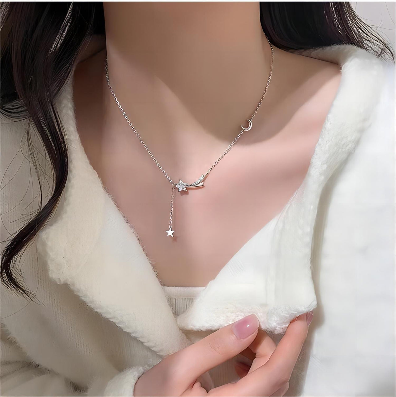 Dainty CZ Inlaid Meteor Star Moon Phase Necklace - ArtGalleryZen