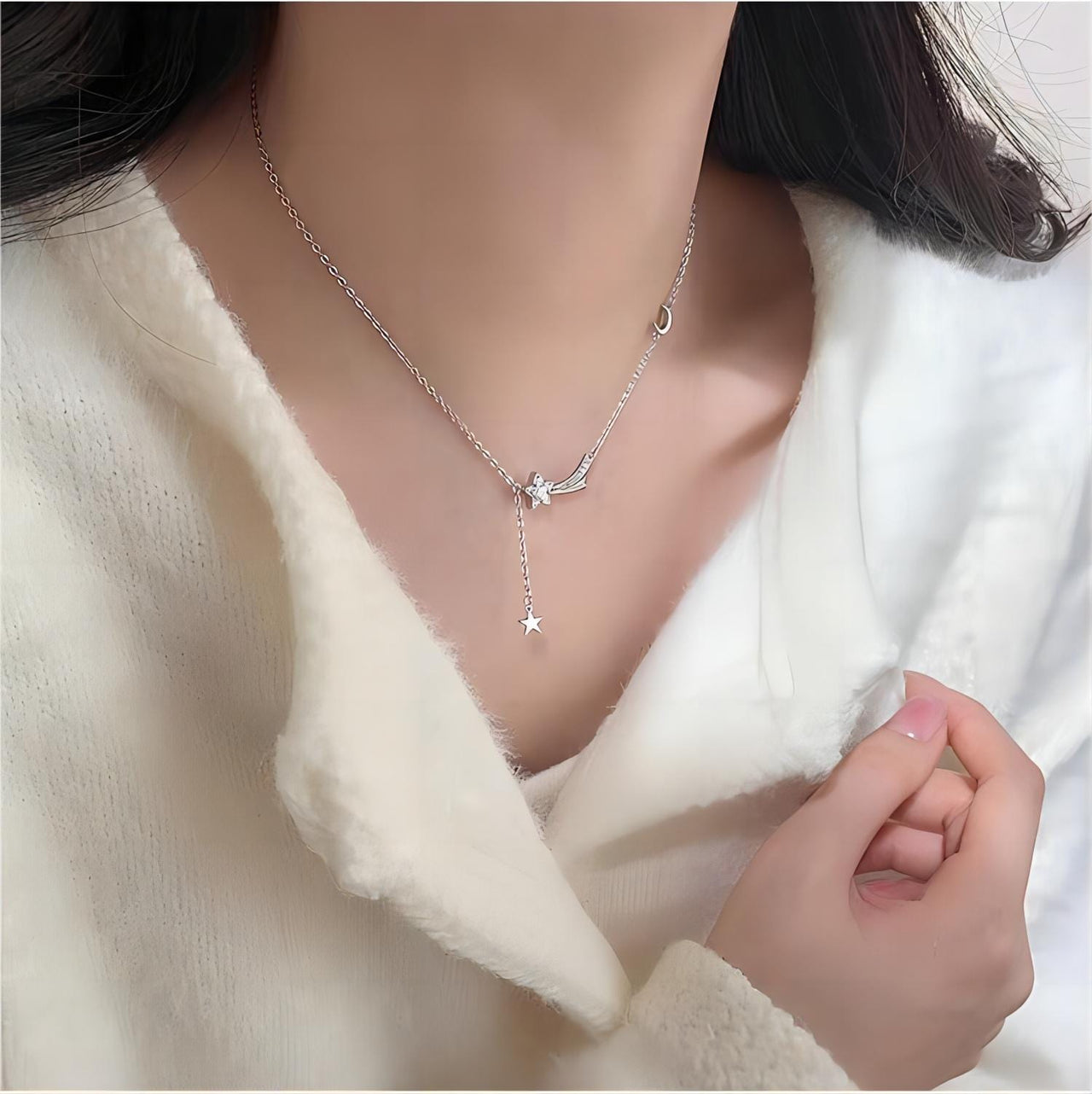 Dainty CZ Inlaid Meteor Star Moon Phase Necklace - ArtGalleryZen