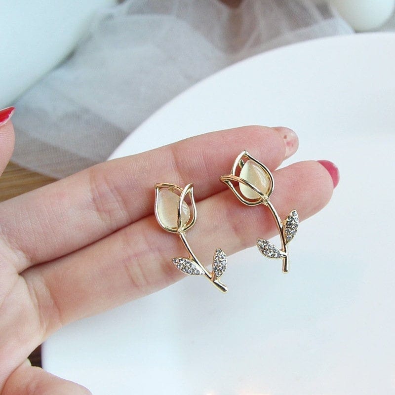 Dainty CZ Inlaid Natural Opal Tulip Earrings - ArtGalleryZen