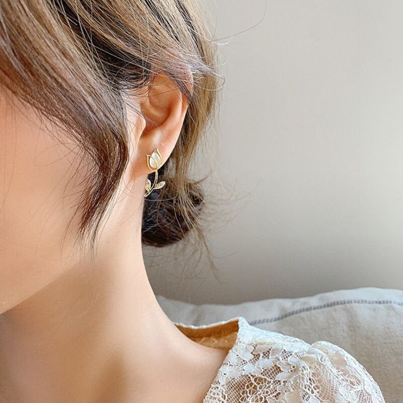 Dainty CZ Inlaid Natural Opal Tulip Earrings - ArtGalleryZen