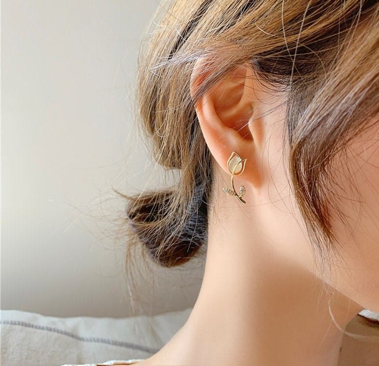 Dainty CZ Inlaid Natural Opal Tulip Earrings - ArtGalleryZen