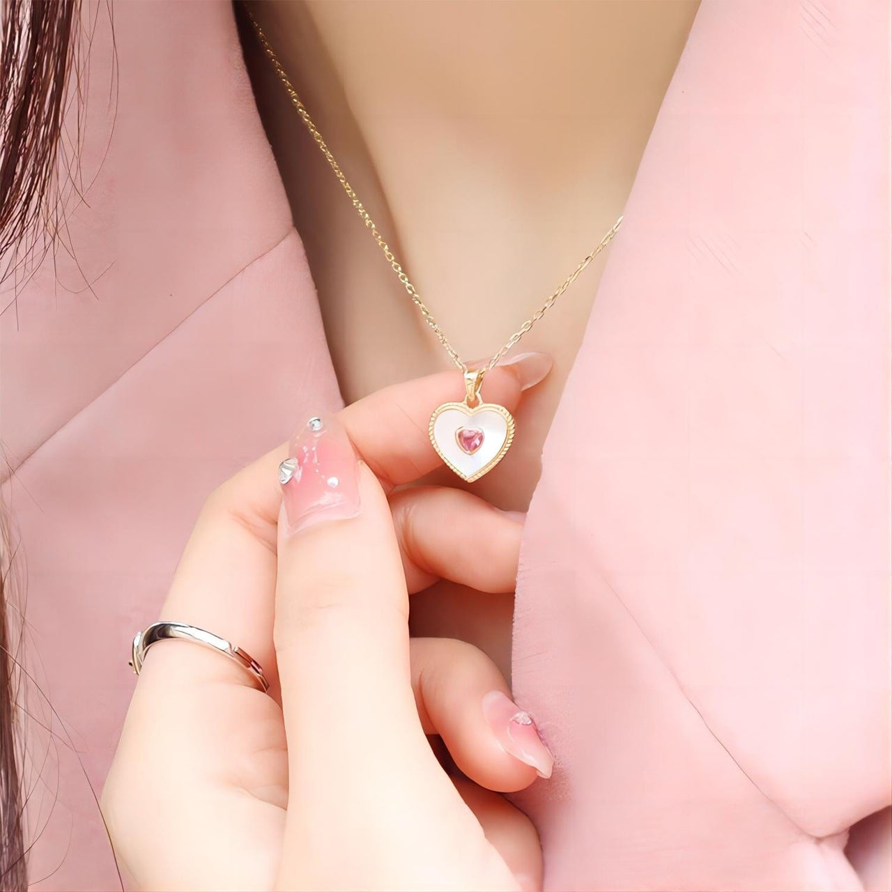 Dainty CZ Inlaid Natural Shell Heart Pendant Necklace - ArtGalleryZen