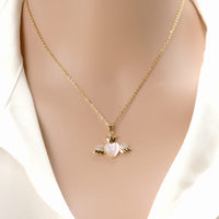 Thumbnail for Dainty CZ Inlaid Opal Crown Heart Wings Necklace - ArtGalleryZen