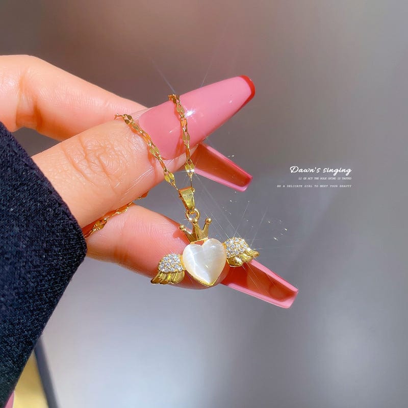 Dainty CZ Inlaid Opal Crown Heart Wings Necklace - ArtGalleryZen
