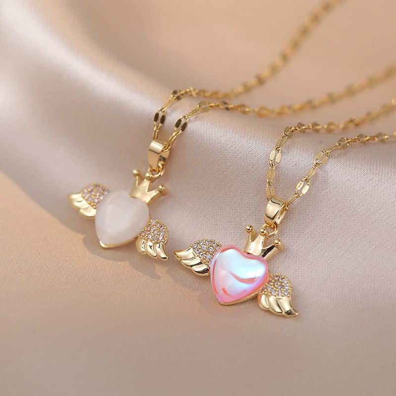 Dainty CZ Inlaid Opal Crown Heart Wings Necklace - ArtGalleryZen