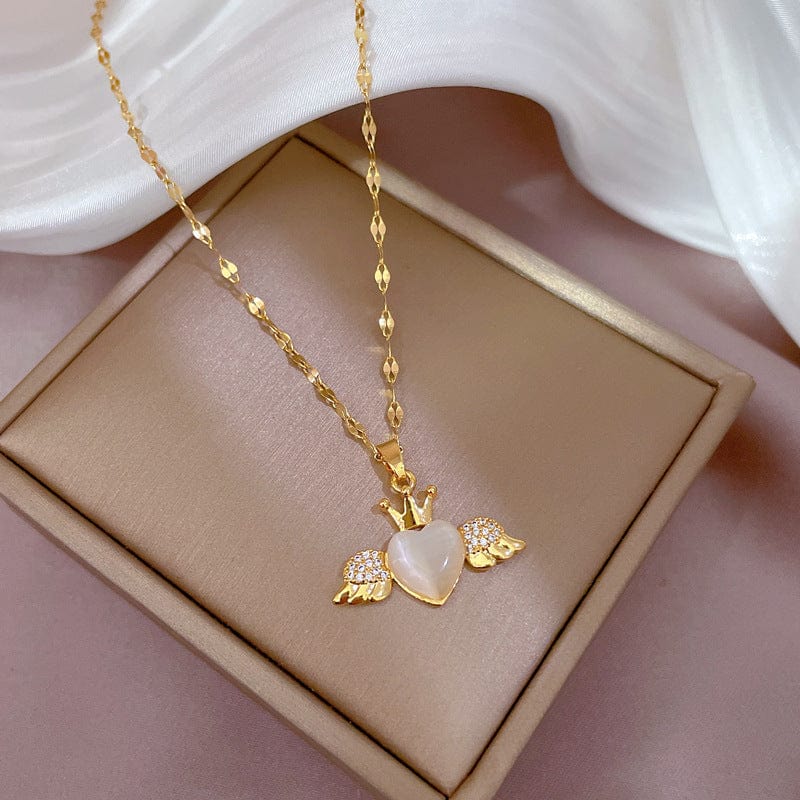 Dainty CZ Inlaid Opal Crown Heart Wings Necklace - ArtGalleryZen
