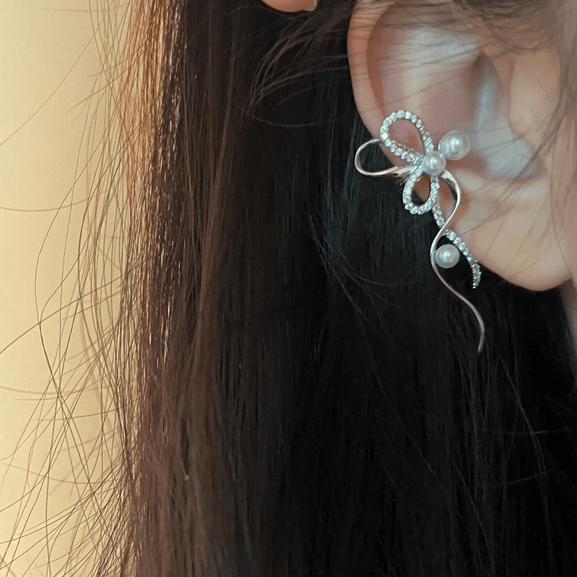 Dainty CZ Inlaid Pearl Charm Ribbon Ear Cuff Earrings - ArtGalleryZen